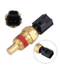 Engine coolant temperature sensor with brass threaded body, red seal, and black 2-pin connector (front view).