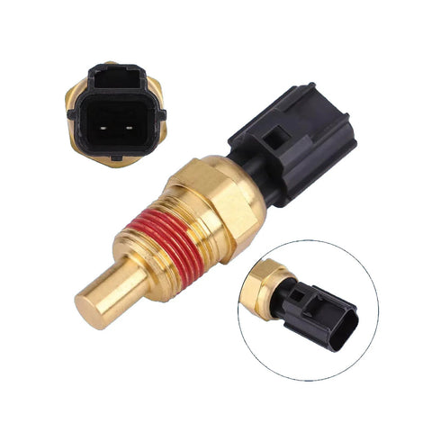 Engine coolant temperature sensor with brass threaded body, red seal, and black 2-pin connector (front view).