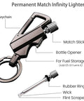All In One Multitool Lighter Keychain with Bottle Opener, Reusable Waterproof Fire Starter, Black Dual Pack, labeled parts