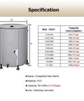 Specifications of Collapsible Rain Barrel 264 Gallon Water Storage Tank with sizes and capacities chart shown.