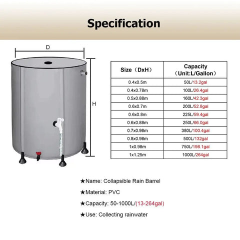 Specifications of Collapsible Rain Barrel 264 Gallon Water Storage Tank with sizes and capacities chart shown.
