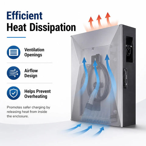 Heavy Duty EV Charger Lock Box With All Weather Rugged Cold Rolled Steel Guard For Safe Outdoor Wall Mount Storage showing efficient heat dissipation features.
