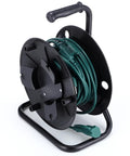 Heavy Duty Extension Cord Reel With Metal Stand Holds 500 Feet Of 6mm Cable Or Hose Open Roller Design Easy Grip Handles The Must Have Setup For Workshop And Garage, black metal stand with green cord wrapped