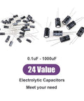 All In One Pro Grade 240Pcs 24 Kinds Electrolytic Capacitors Kit with 0.1uF to 1000uF range and various values displayed