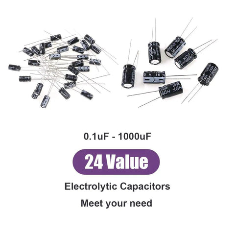 All In One Pro Grade 240Pcs 24 Kinds Electrolytic Capacitors Kit with 0.1uF to 1000uF range and various values displayed