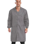 Premium Unisex Workwear Lab Coat Featuring Hella Tough Cotton Polyester Build For V Neck Button Front Closure And Ample Storage Pockets For Reliable Daily Wear In Sleek Gray on male model.
