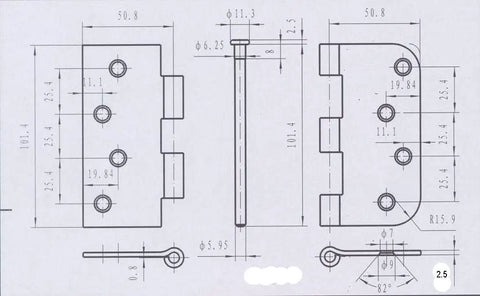 Technical diagram of 4 Inch Full Mortise Butt Hinge Three Pack with Five Eighth Inch Radius, black finish, interior doors.