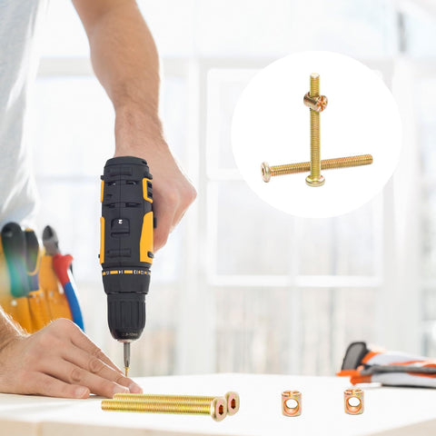 Ten Pack M6 X 60mm Barrel Nut And Bolt Set For Furniture Gold Galvanized Hex Head And Shaft Carbon Steel Universal Hardware Kit Built To Last Easy Install shown with drill in use.