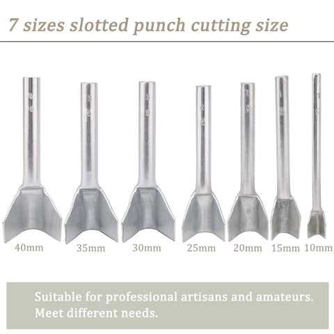 V Shaped Leather Punch Kit, 7 Piece Leather Craft Cutting Tools, solid steel punches in sizes 10mm to 40mm for DIY leatherworking.