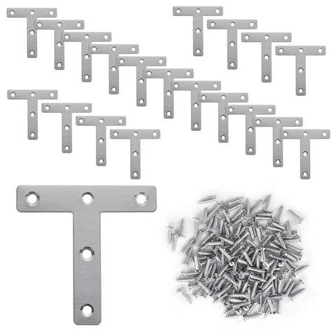 Twenty Piece Flat Corner Braces Kit With 3.1 By 3.1 Inch T Shaped Shelf Brackets And Screws Includes 100 Screws 201 Stainless Steel Mending Plates