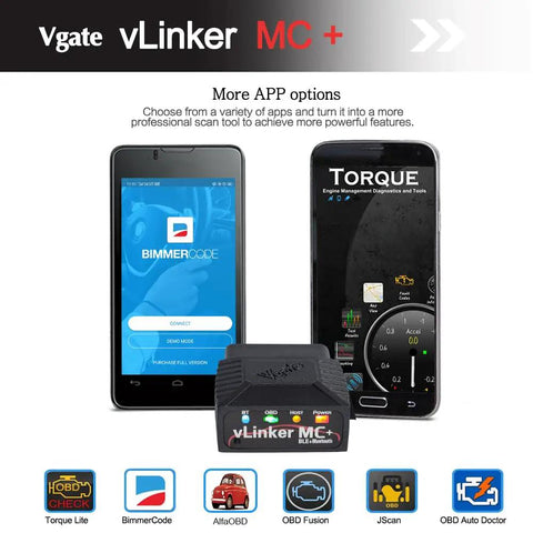 MC Plus Bluetooth OBD2 Car Diagnostic Scan Tool For iOS Android Windows With SW-CAN MS-CAN Protocols shown with apps.