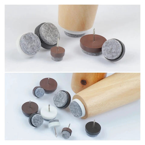 Adjustable Screw In Furniture Leg Levelers 24 Pack showing various sizes and colors, including brown and white with felt bases.