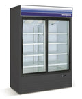 Heavy Duty Commercial Refrigerator 45 Cubic Feet With Double Sliding Glass Doors And Black Finish, showing shelves and digital controls.