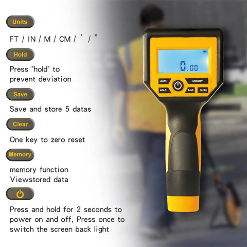 Workhorse Digital Measuring Wheel With Backlit Display, showing screen and button functions for easy operation indoors or outdoors.