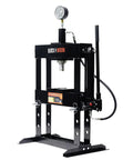 10 Ton Adjustable Benchtop Hydraulic Shop Press for Garage Use with manual hand pump and pressure gauge, front view.