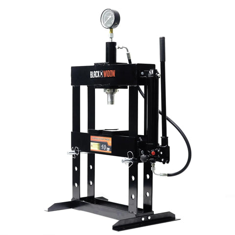 10 Ton Adjustable Benchtop Hydraulic Shop Press for Garage Use with manual hand pump and pressure gauge, front view.