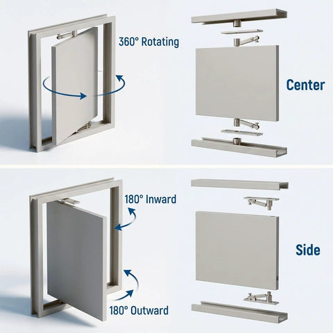 Rock Solid Stainless Steel Hidden Door Hinges Heavy Duty Pivot Hardware with Smooth Rotation Silver Finish Concealed Design for Wood and Aluminum Frame Doors that Install like a Dream and Last Forever, showcasing pivot functionality.