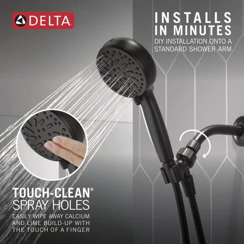 ProClean Matte Black Shower Head With Handheld, High Pressure Spray, 6 Spray Settings in action on tiled shower wall