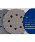 Two 5 inch sanding discs with 6 and 8 hole hook and loop design, made of durable white corundum material.