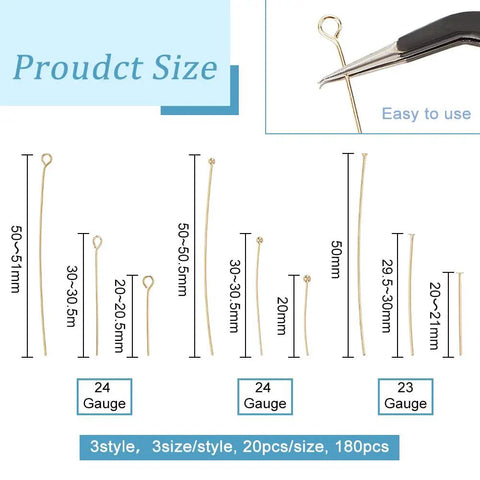 Real 14K Gold Plated Brass Pins Set Dope 180 Pcs 9 Styles Eye Pins Ball Head Pins Flat Head Pins 24 Gauge Eye Pins 23 Gauge Flat Pins For DIY Jewelry Making Earring And Bracelet Crafter Kit, 3 sizes