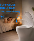 Premium Elongated Toilet Seat 18.5 Inch White With Silent Soft Close Hinge And Quick Release Design, shown in a serene bedroom setting.