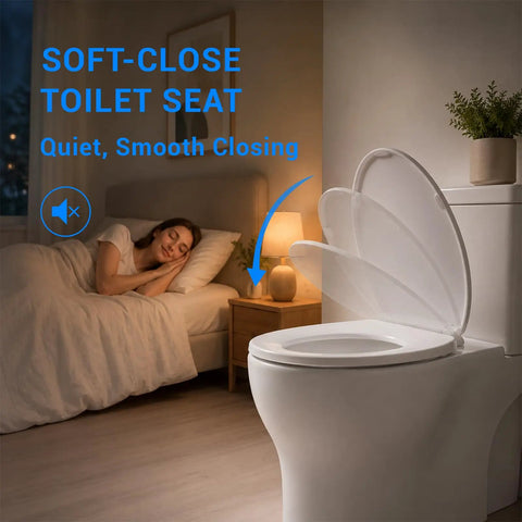 Premium Elongated Toilet Seat 18.5 Inch White With Silent Soft Close Hinge And Quick Release Design, shown in a serene bedroom setting.