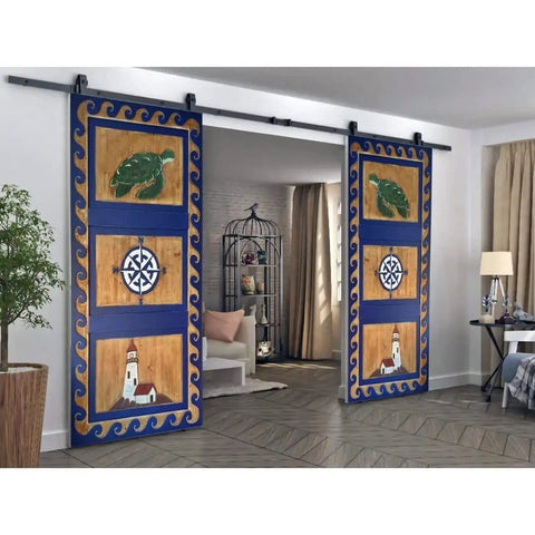 Coastline Nautical Barn Door For Exterior And Interior Sliding Use, Single Or Double Doors, Sea Turtle Lighthouse And Compass Decor