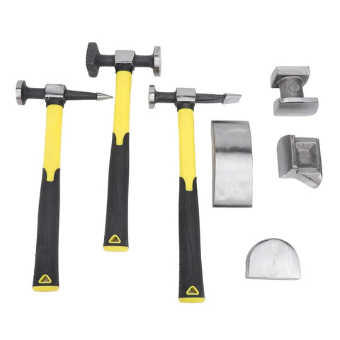 7 Piece Carbon Steel Auto Body Repair Kit With Heavy Duty Hammer And Dolly Set Dent Removal Tools With Toolbox Versatile Pro Grade Gear For Cars And Trucks, featuring three hammers and four dollies.