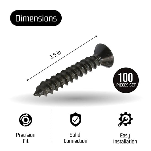 Number 8 By 1 1/2 Inch Phillips Flat Wood Screws With Black Xylan Coated Stainless Steel shown at 1.5 inch length, ideal for decking and drywall.