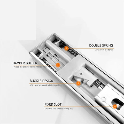 Stainless Steel Drawer Slides Set For Cabinets 10 To 22 Inch Soft Close Tracks with detailed view of damper buffer and spring