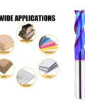 Blue coated Three Eighths Inch Shank Spiral CNC Router Bit Solid Carbide End Mill Three Flute Up Cut for woodworking materials.