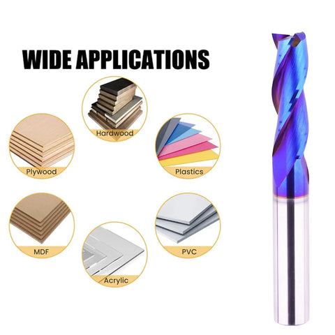 Blue coated Three Eighths Inch Shank Spiral CNC Router Bit Solid Carbide End Mill Three Flute Up Cut for woodworking materials.