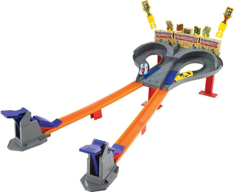 Super Speed Blastway Dual-Track Race Set with 1 64-Scale Car and Side-by-Side Launchers, Grandstand Flags for 1 or 2 Players