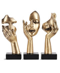 Three Piece Thinker Statue Set Black Gold Modern Home Decor Abstract Figurines for Shelves, 6-inch resin sculptures on black bases.