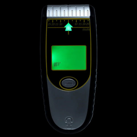 Domary 7 in 1 Wall Stud Finder Detector for Precision Metal and Live Wire showing digital display and depth settings.