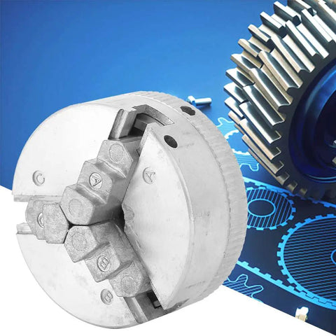 Pro Level Three Jaw Lathe Chuck With M12 M14 And 8 TPI Threads Rock Solid Zinc Alloy Build close-up view on blue background.