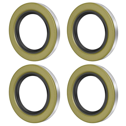 Four double-lip grease seals for trailer hubs; olive outer ring, black inner lip, and silver rim.