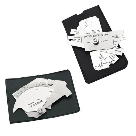 Stainless steel taper composition gauge for depth and diameter measurement in tight gaps, imperial and metric scales shown.