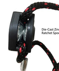 Close-up of die-cast zinc ratchet spool with rope for Heavy Duty Rope Tie Downs 1 Quarter Inch By 10 Feet With Adjustable Ratchet Pulleys