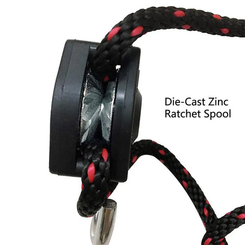 Close-up of die-cast zinc ratchet spool with rope for Heavy Duty Rope Tie Downs 1 Quarter Inch By 10 Feet With Adjustable Ratchet Pulleys