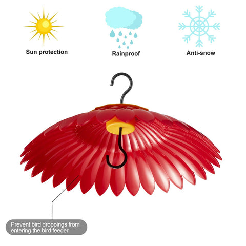 Hummingbird Weather Dome Rain Cover With Built In Moat For Backyard Bird Feeders in red, offers sun and rain protection.
