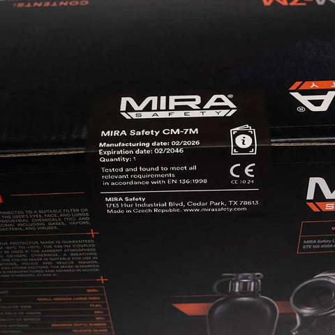 MIRA Safety CM-7M mask packaging details with expiry and manufacturing dates, part of the Kickass Full Face Respirator Mask.