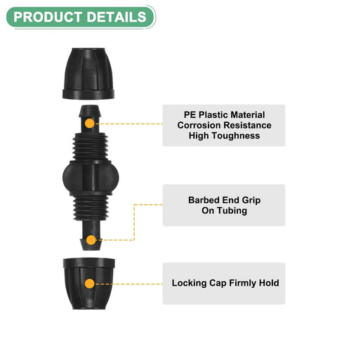 Detailed view of Drip Irrigation Barbed Locking Fittings Kit, 10-Pack 3/8 Inch Tubing Connectors showing PE plastic material.