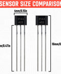Top Shelf A3144 Hall Effect Sensor 3 Pin Magnetic Switch size comparison showing dimensions 4mm, 12mm, and 16mm components.