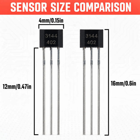 Top Shelf A3144 Hall Effect Sensor 3 Pin Magnetic Switch size comparison showing dimensions 4mm, 12mm, and 16mm components.