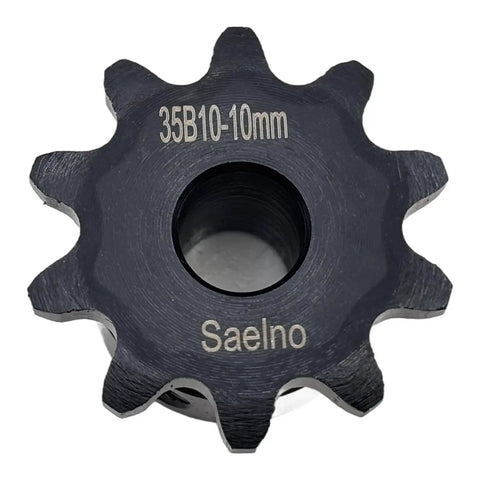 Close-up of Beefy 35B10 Roller Chain Sprocket Type B 10 Tooth, Three Eighths Inch Pitch, 10mm Bore, Hardened 1045 Steel Anti Rust Drive Sprocket