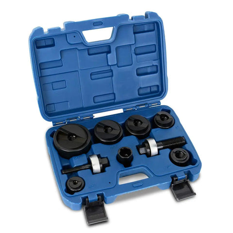 Manual Knockout Punch Driver Kit for 1/2 to 2 Inch Conduit Holes in blue case with punch sizes and dies visible