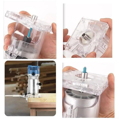 Hands holding Tough As Nails Router Bit Trim Guide Sleeve showing stainless steel bushing setup for precision woodworking.