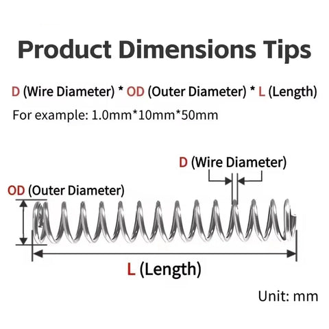 Check Out This Awesome 50Pcs Micro Compression Spring Repair Kit With Premium Steel Wire 0.5-0.7mm OD Ranging From 4 To 12mm And Lengths Of 5 To 50mm For Heavy Duty Mold Fixes. Product dimensions chart showing D wire diameter, OD, and L length for steel spring