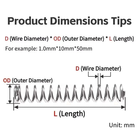 Grab This Awesome 50Pcs Micro Compression Spring Deal For Your Tough Repair Kit Jobs Featuring Solid Steel Wire Springs With Sizes Ranging From 0.5mm Up To 12mm Diameter And Lengths Going All the Way To 50mm Perfect Grip For Any Heavy Duty Project. Dimension guide for steel micro compression spring: wire diameter, outer diameter, and length in mm.